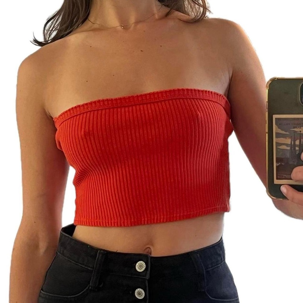 orangey red scarlet tube top from Urban Outfitters.